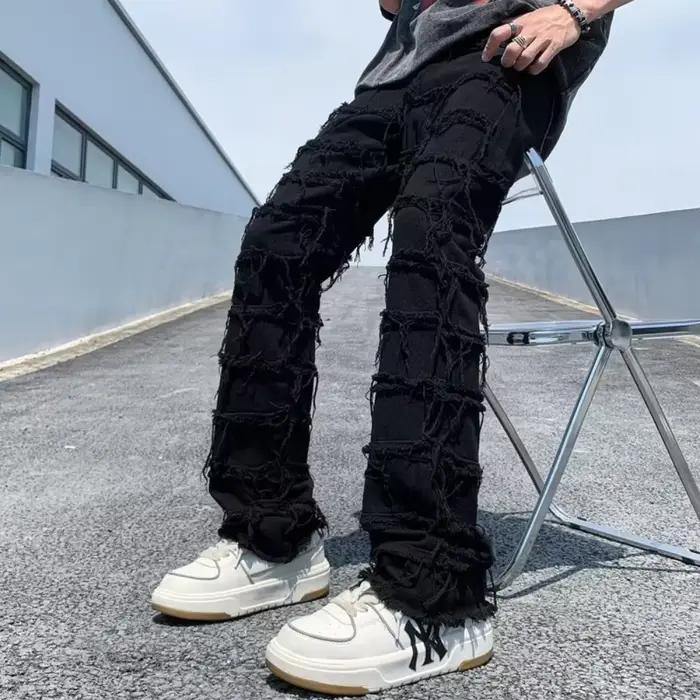 Jeans délavés pour hommes, style hip-hop rétro, denim vintage, coupe droite, ajustement confortable, fermeture bouton volant, polyester coton, adapté aux quatre saisons