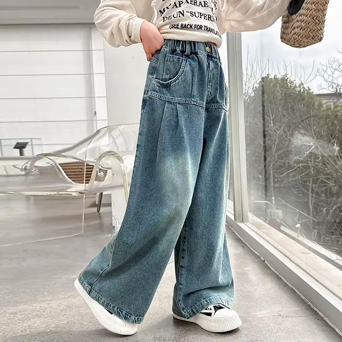 Mode filles jambe large Denim pantalon jean nouveau printemps automne enfants bleu jean pantalon femme fille jean ample enfant vêtements d'école