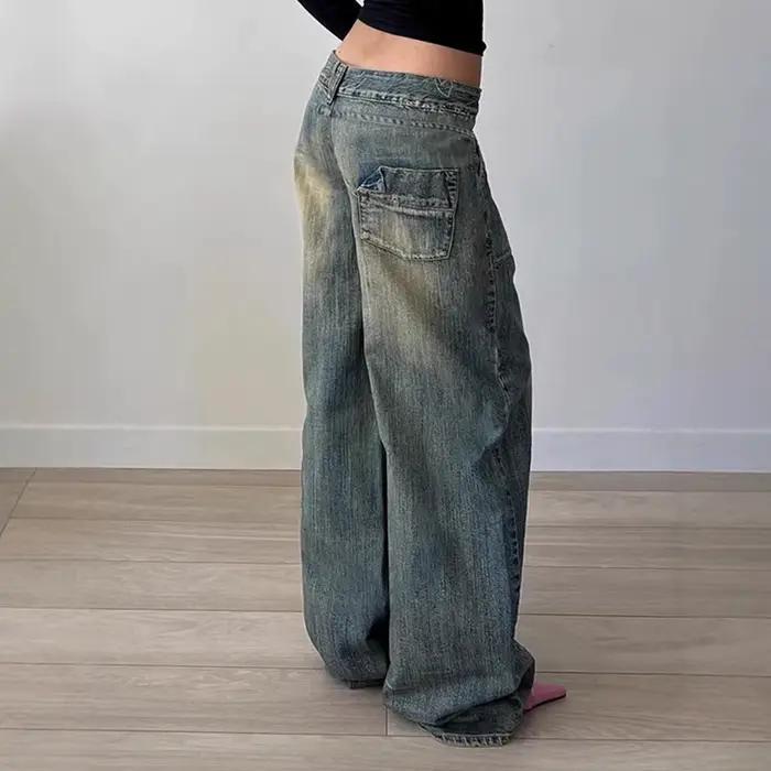 Jean large vintage délavé coupe décontractée pour femme – Pantalon en denim