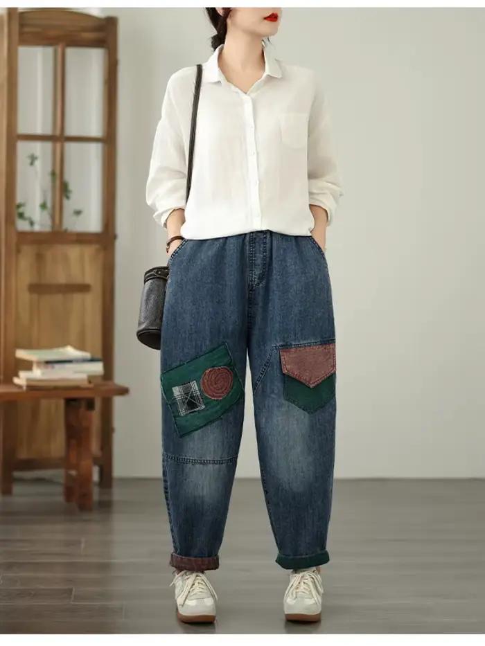 Surdimensionné printemps automne décontracté ample jean vintage patchwork nouveau