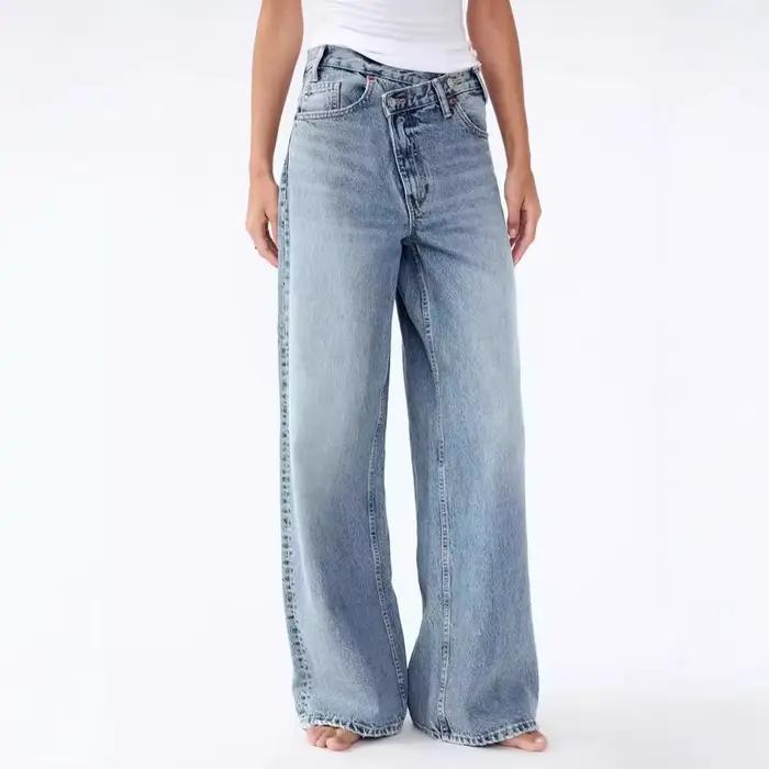 Jeans à jambes larges Sense Design 2025 style décontracté moderne coton denim élastique femme occasionnelles tout l'année