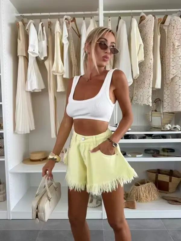 Élégants Jean Shorts Polyesters Taille Haute Bouton Femmes Décontractés Printemps Été Occasions Spéciales