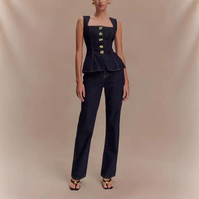 Ensemble Jean Taille Haute Boutonné et Haut Style Moderne pour Femme – Tenue Décontractée en Mélange Coton Polyester