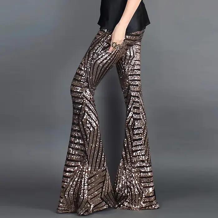 Paillettes taille haute maigre Flare Streetwear sauvage basique mince 2023 tendance Patchwork pantalon pantalons