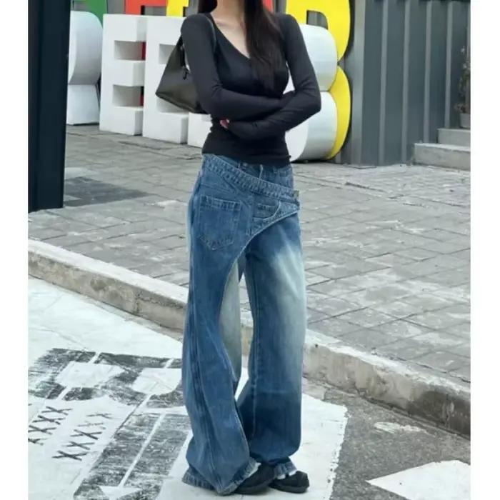 Jean en denim délavé grande taille style streetwear américain pour femme