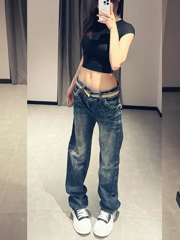 Nicemix américain or aile brodé taille basse jean pour les femmes printemps nouvelle mode épicé fille minceur décontracté Flare pantalon