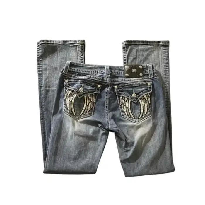 Jean Vintage des années 90 pour femme Y2K, Bleu, Style Décontracté, Broderie à Oreilles, Coupe Botte, Matériau Polyester, Occasions Spéciales