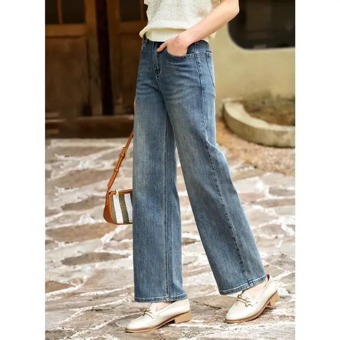 OLrain Jean large taille haute bleu clair pour femme