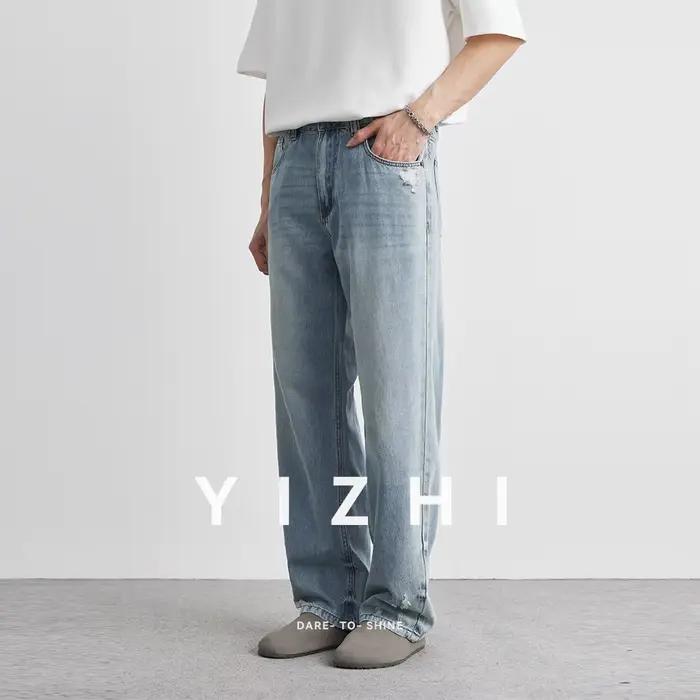 Jeans légers délavés pour hommes, style décontracté, pantalon ample déchiré, confort moderne pour toutes les saisons