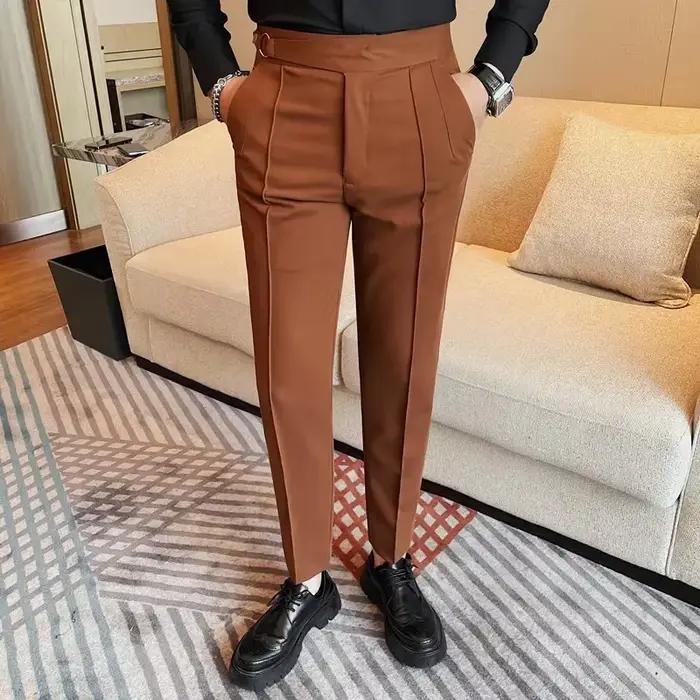 Pantalon décontracté taille haute homme style britannique automne hiver coton polyester élégant pour hommes occasions décontractées et formelles
