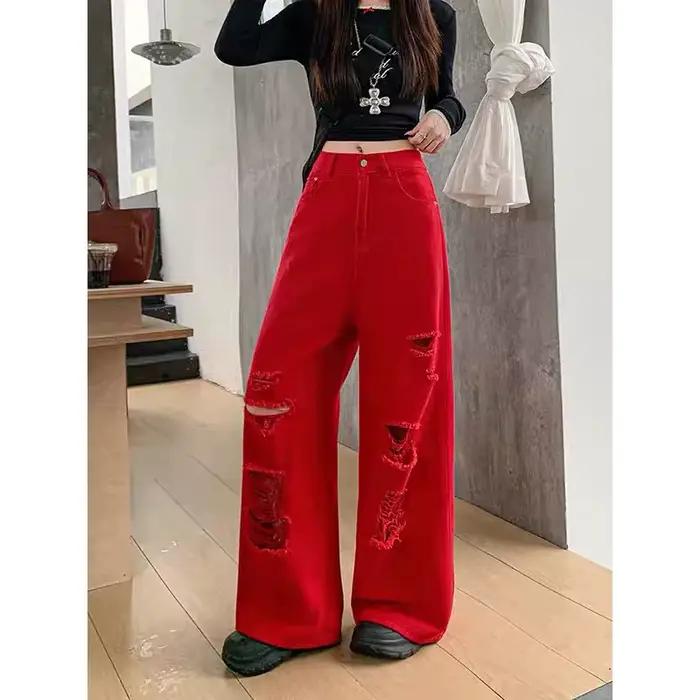Jean Baggy Vintage Rouge Déchiré pour Femmes Style Streetwear Occasions Spéciales Printemps Automne