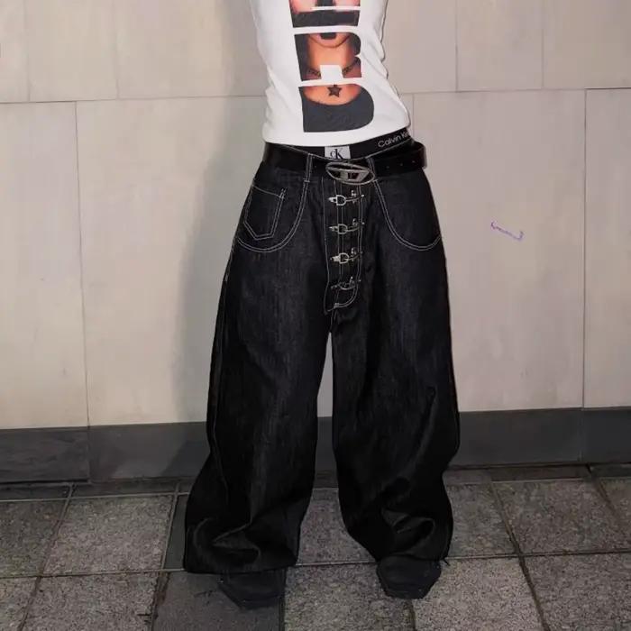 American Street Y2K boutonnage Design lavage jean à jambes larges femmes rétro Hip Hop pantalon ample Harajuku rue