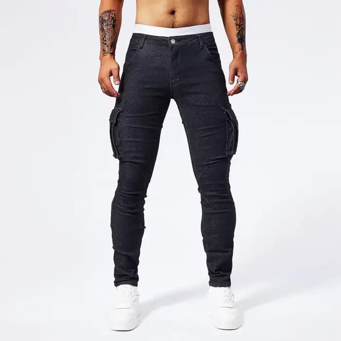 Slim Fit grande poche jean Cargo pantalon pour hommes à la mode décontracté Hip Hop Stretch Denim pantalons longs mâle