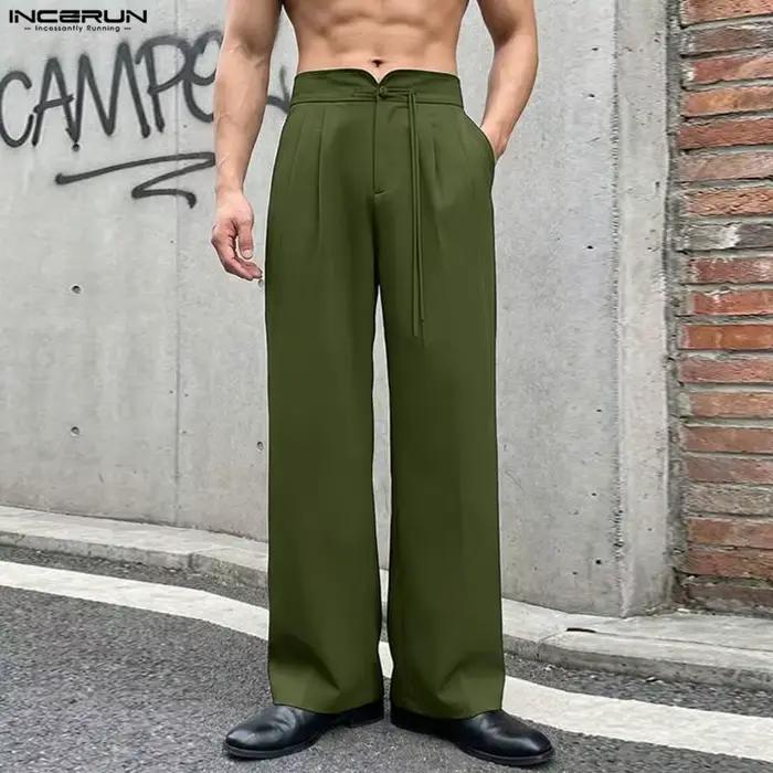 Pantalon homme INCERUN décontracté en polyester couleur unie boutonné vintage ample pour streetwear quatre saisons occasions décontractées