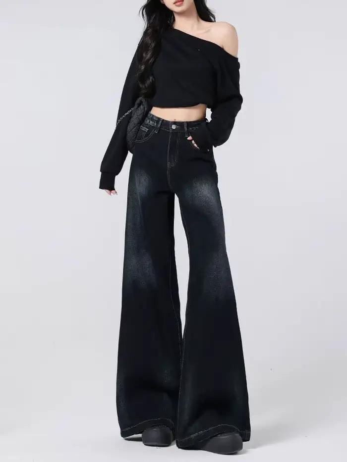 Jean American Rétro Bleu-Gris Taille Haute Jambes Larges Nouvelle Collection Printemps 2025 Pour Femmes Occasions Spéciales