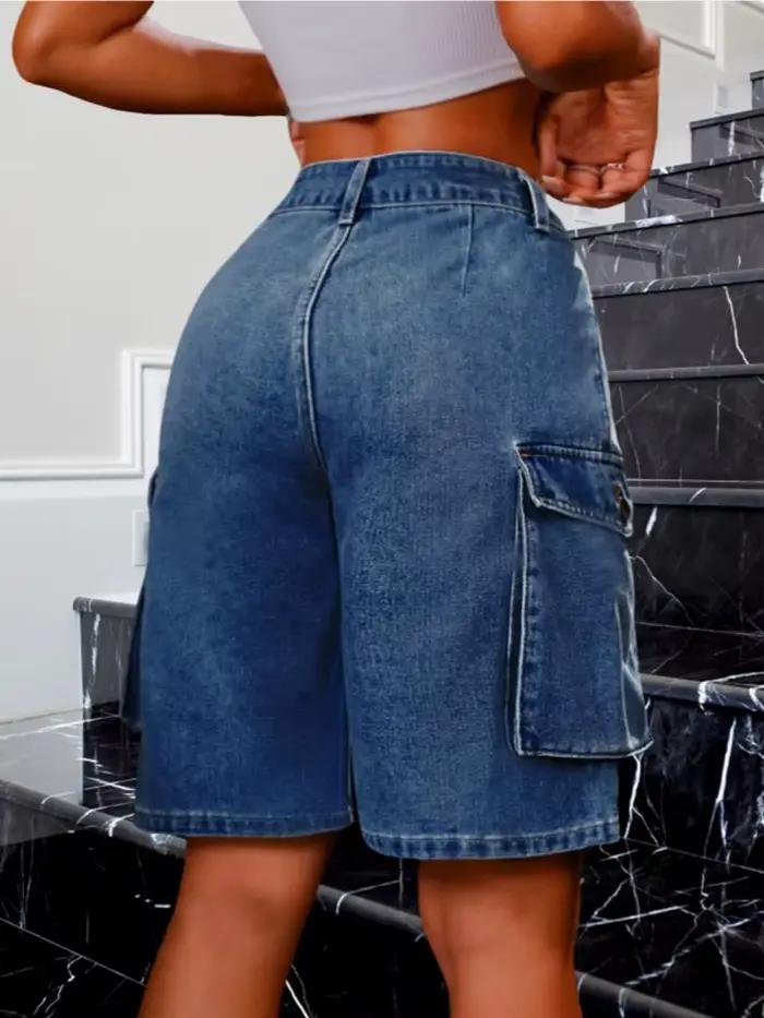 Short en denim bleu vintage pour femmes ample décontracté multi-poches pour vacances plage streetwear tendance couleur unie été