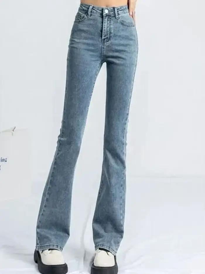 Femmes coréennes Flare jean filles taille haute élastique botte coupe pantalon dame Vintage bleu noir gris marron Denim