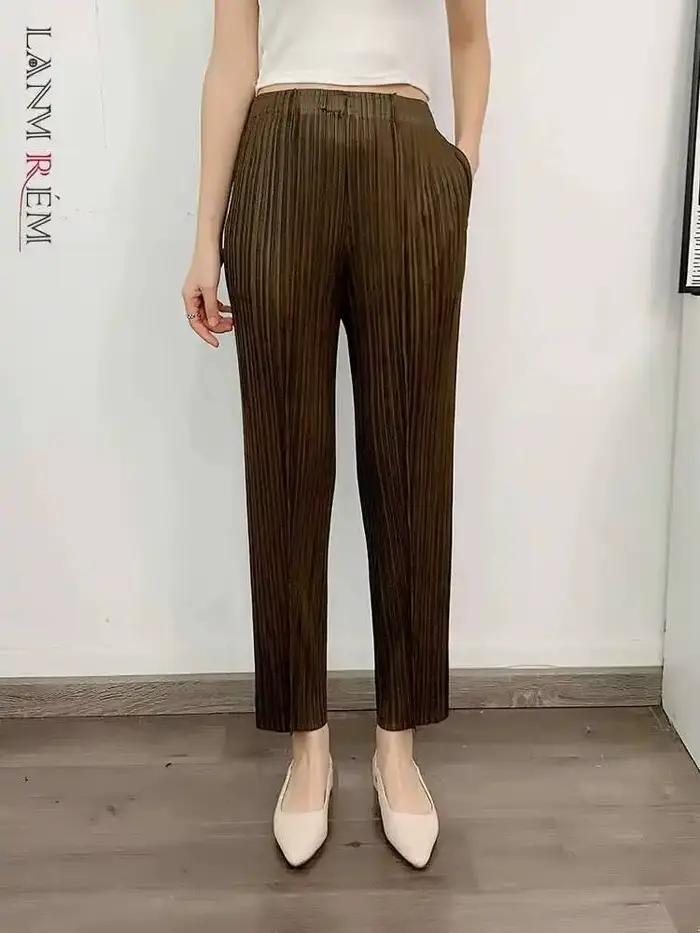 Pantalon droit plissé LANMREM taille haute polyester pour femmes printemps été casual chic plissé ajustement confortable