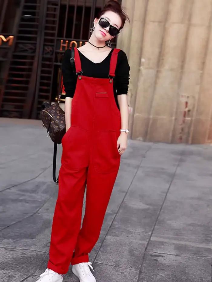 Salopette en Jean Rouge pour Femme, Combinaison Élégante d'Automne, X109