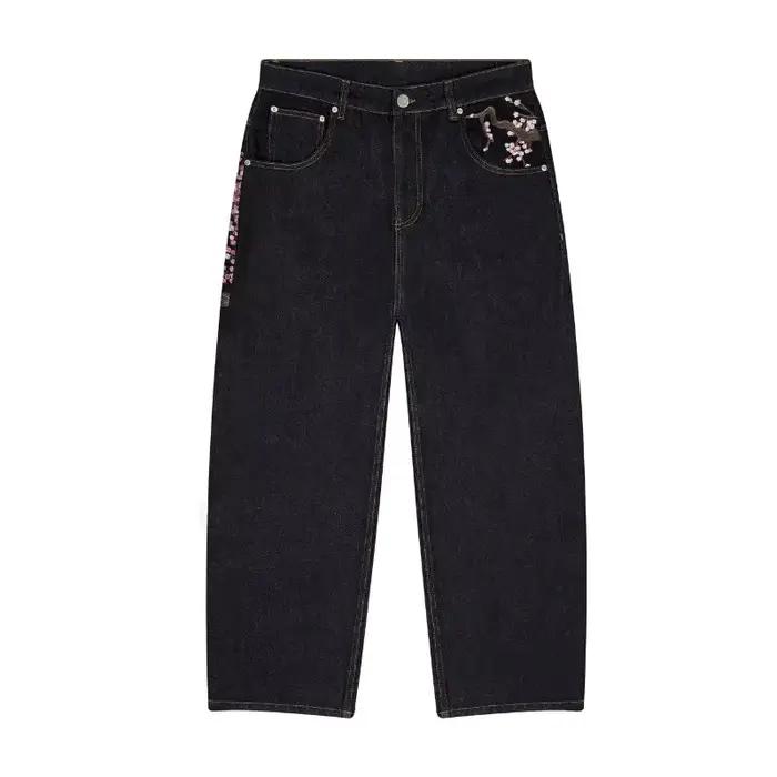 Y2K Baggy jeans fleur de cerisier lisière broderie Denim pantalon hommes femmes