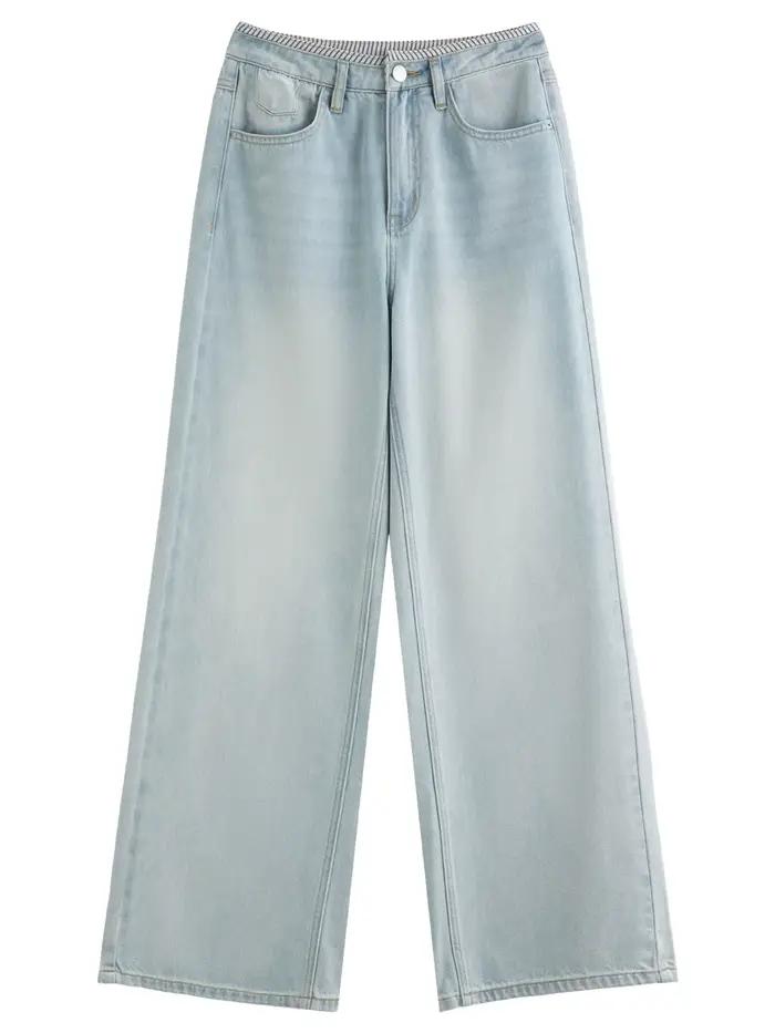 DUSHU jean de couleur claire été 2025 nouveau Style à la mode tout-match taille haute rayé couture pantalon droit 25DS82744