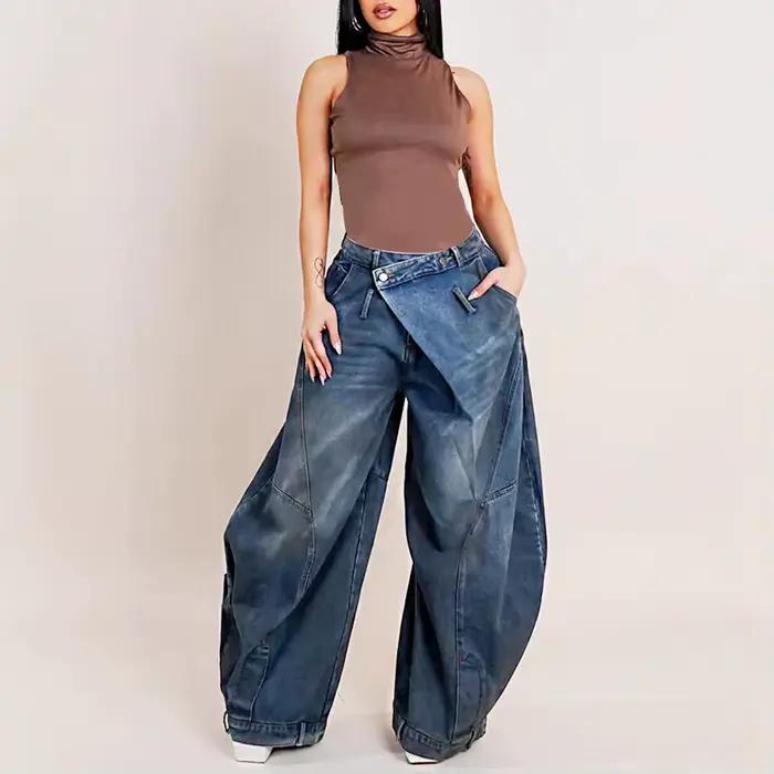 Nouveau jean décontracté rétro délavé à taille inversée pour femme