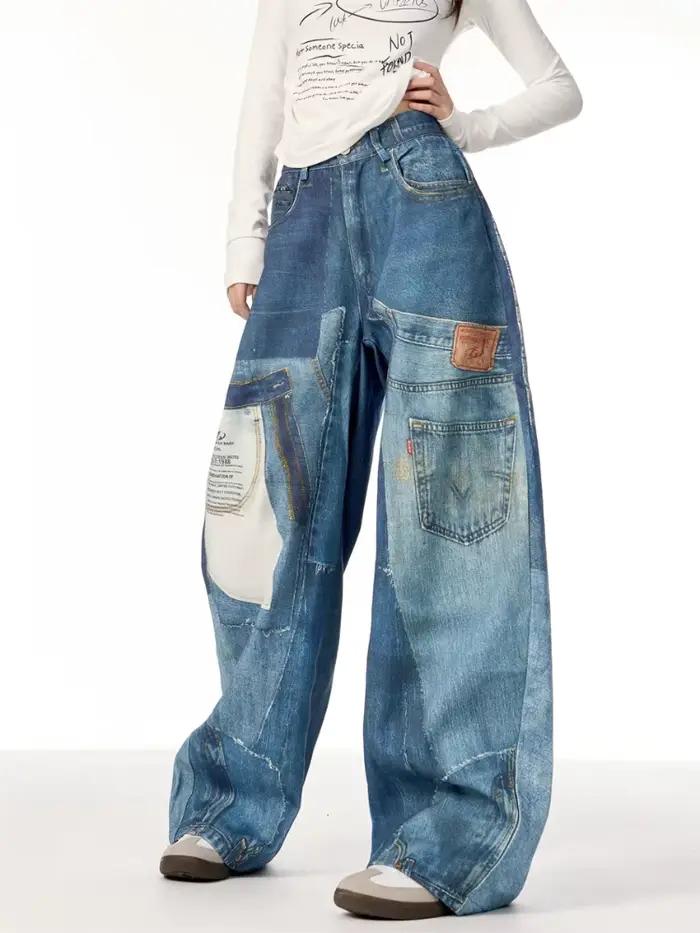 Jeans Baggy Empilé à Jambes Larges pour Femme Style Punk Grunge Y2K Occasions Spéciales Garde-Robe Mode Rebellon