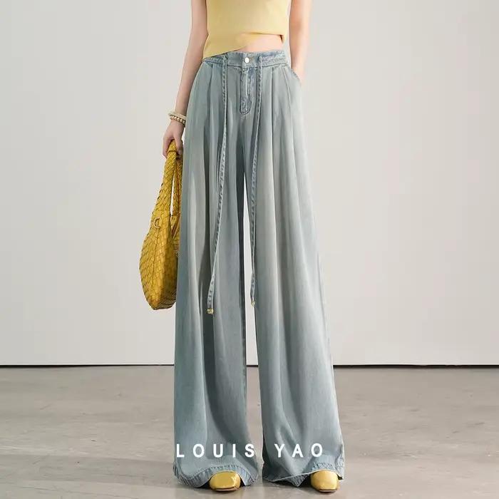 LOUIS YAO taille haute jambe droite jean 2025 été jean décontracté taille corde conception Lyocell 100% taille élastique pantalon ample