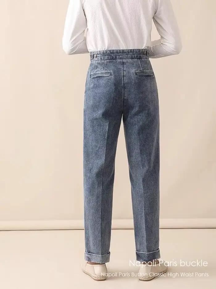 Mode Vintage hommes Naples jean pantalon Styles britanniques taille boucle