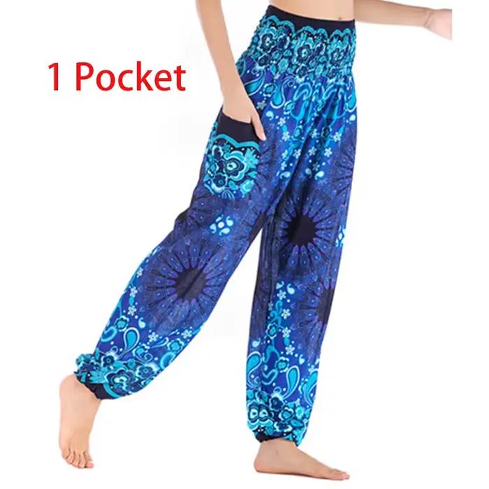 Pantalon Hippie Bohème Ample pour Femme, en Rayonne, avec Poches, Taille Haute, Imprimé, pour Yoga, Plage, Quotidien, Harem, Jogging, Extérieur