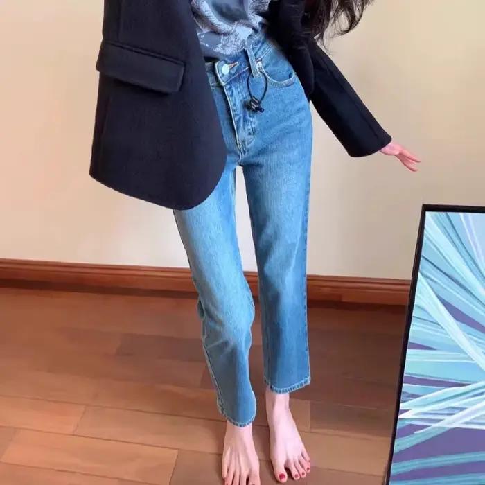 Jean droit rétro bleu coupe baguette pour femme, nouvelle collection printemps 2026, pantalon taille haute pour femme