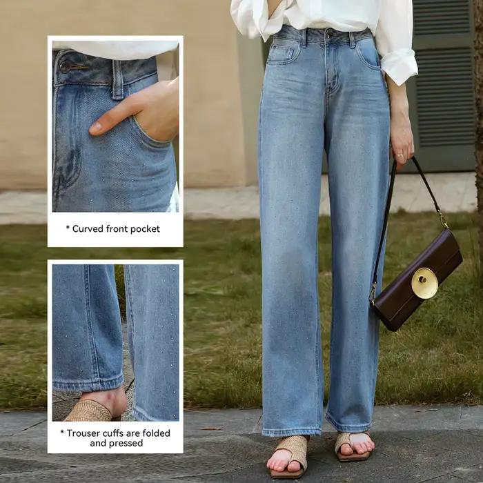 OLrain Jean Droit Femme 2026 Printemps-Été Coton Strass Thermocollés Taille Haute Streetwear Pantalon Long N56QA95129