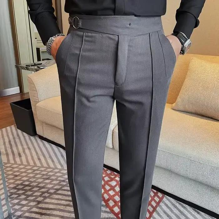 Pantalon décontracté taille haute homme style britannique automne hiver coton polyester élégant pour hommes occasions décontractées et formelles