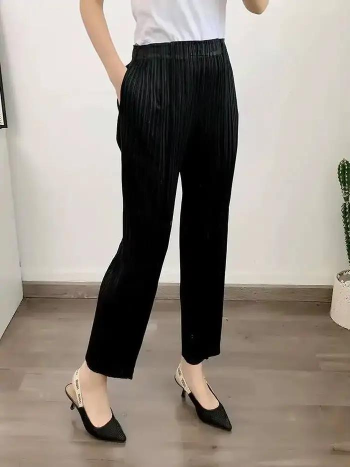 Pantalon droit plissé LANMREM taille haute polyester pour femmes printemps été casual chic plissé ajustement confortable