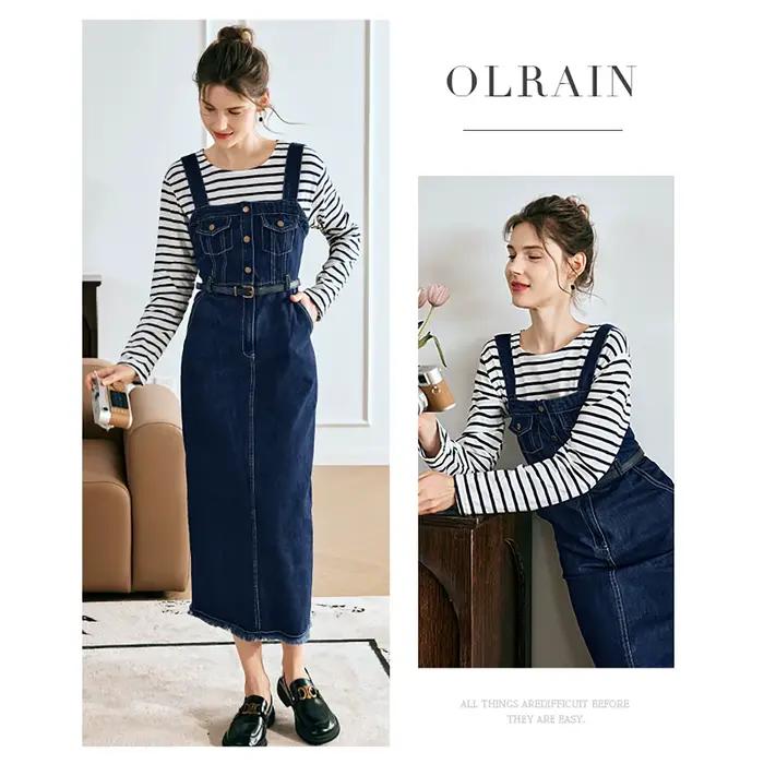 Robes Salopettes en Jean OLrain pour Femme 2026 – Robe Longue Vintage Sans Manches à Col Carré en Coton pour Dames O23QL80258