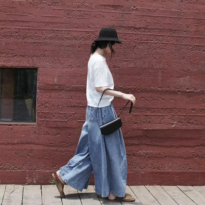 Vintage lavé en détresse femmes jean taille élastique à lacets littéraire ample pantalons décontractés mode polyvalent Simple femme pantalon