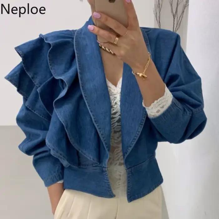 Neploe automne 2025 femmes vêtements recadrée Denim veste Vintage col rabattu manches bouffantes volants haut court coréen Jean manteau