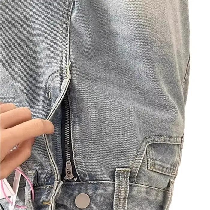 Jean droit taille haute bleu clair délavé pour femme