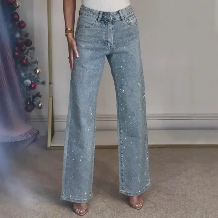 Deeptown bleu strass jean femmes noir Vintage diamants délavés jambe large Style américain Denim pantalon droit Baggy décontracté