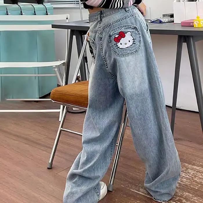 Jean Harajuku Sanrios Y2K Hello Kittys tendance Anime Kawai Kt pantalon à jambes larges ample pour femmes