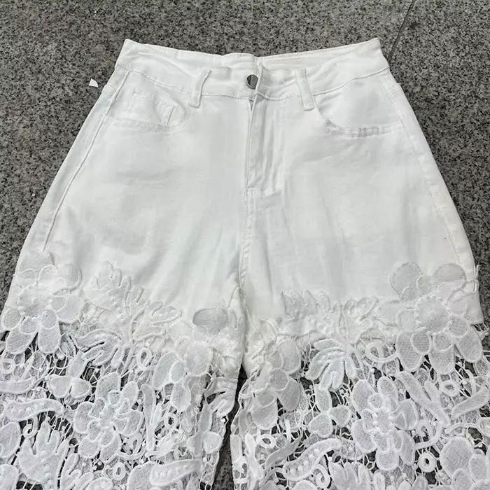 Jean à jambes larges en dentelle ajourée KUCLUT pour femme, jeans amples enduits, style high street, polyvalent pour toutes les saisons