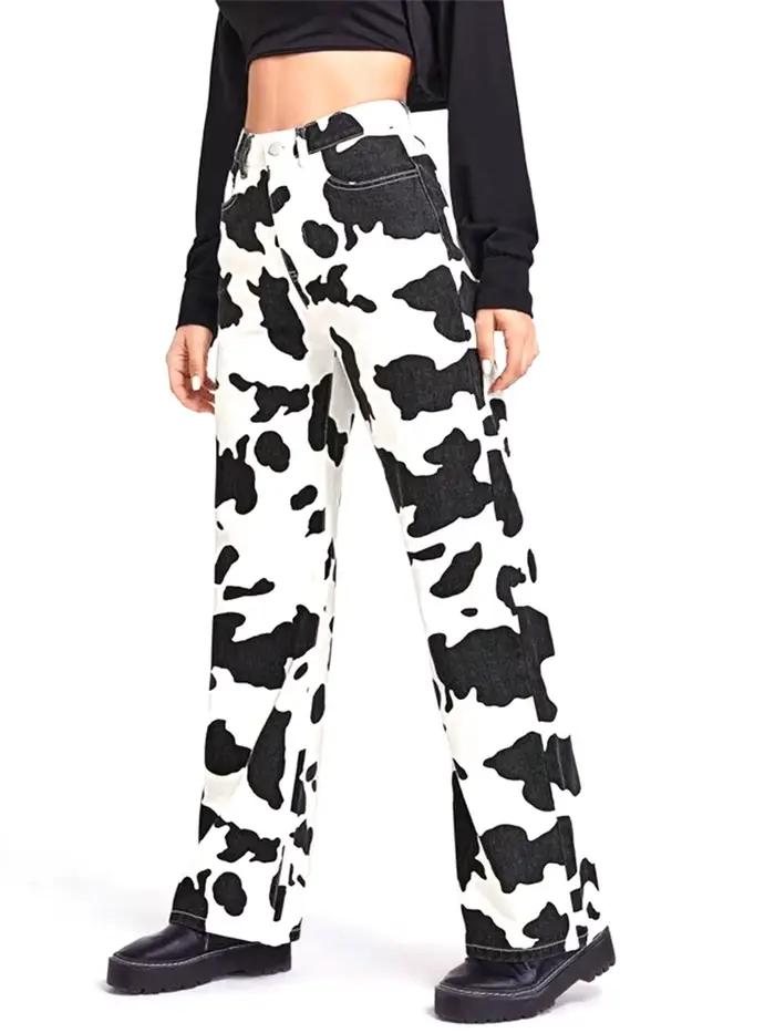 Jeans taille haute à motif de vache pour femmes