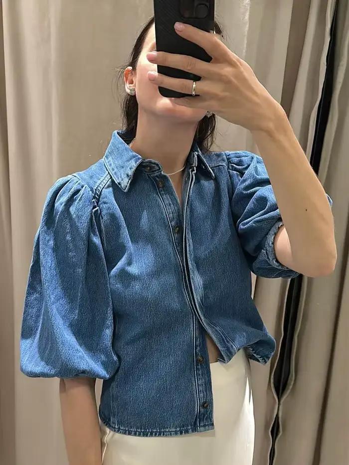 HH femmes mode Denim pantalon costume revers ample simple boutonnage petit haut + élégant taille haute fermeture éclair décontracté jambe large pantalons longs