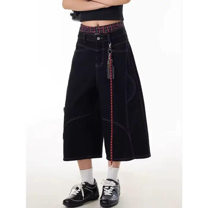 ZHIZOU jean noir américain pour femmes taille haute jambe large Baggy Cargo Denim Shorts 2000s Y2k Vintage Streetwear