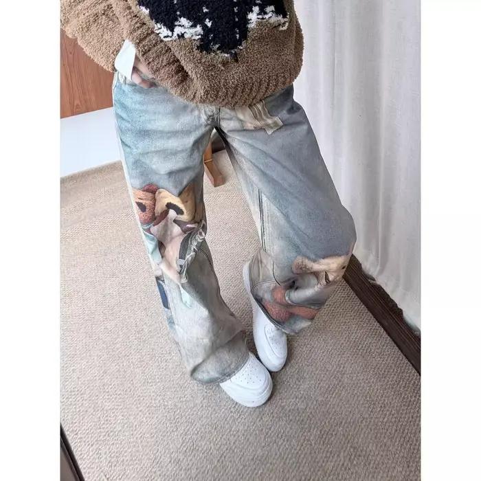 Jean large rétro imprimé ours américain pour femme