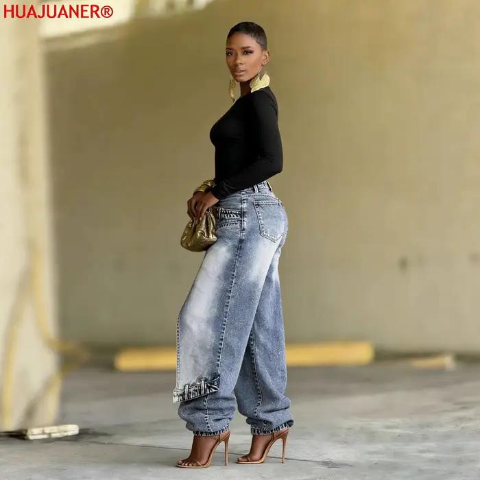 Jeans femme vintage coupe large délavé streetwear patchwork patches pantalon droit effet usé longueur ras du sol printemps 2026