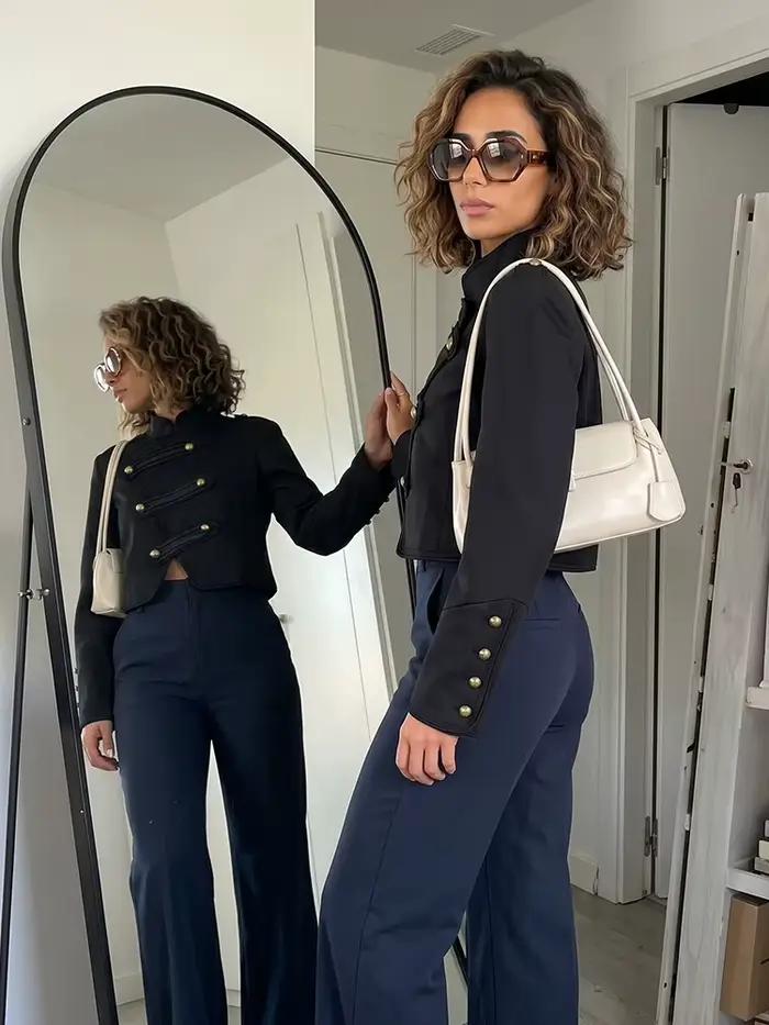 Veste Courte Femme Style Militaire Vintage HH avec Boutons Dorés et Col Montant – Élégante pour Printemps