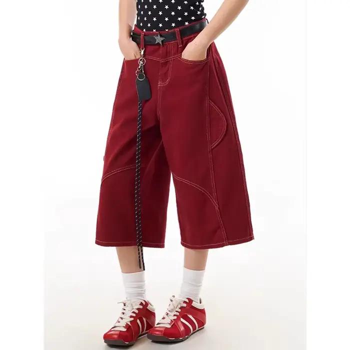 ZHIZOU jean noir américain pour femmes taille haute jambe large Baggy Cargo Denim Shorts 2000s Y2k Vintage Streetwear