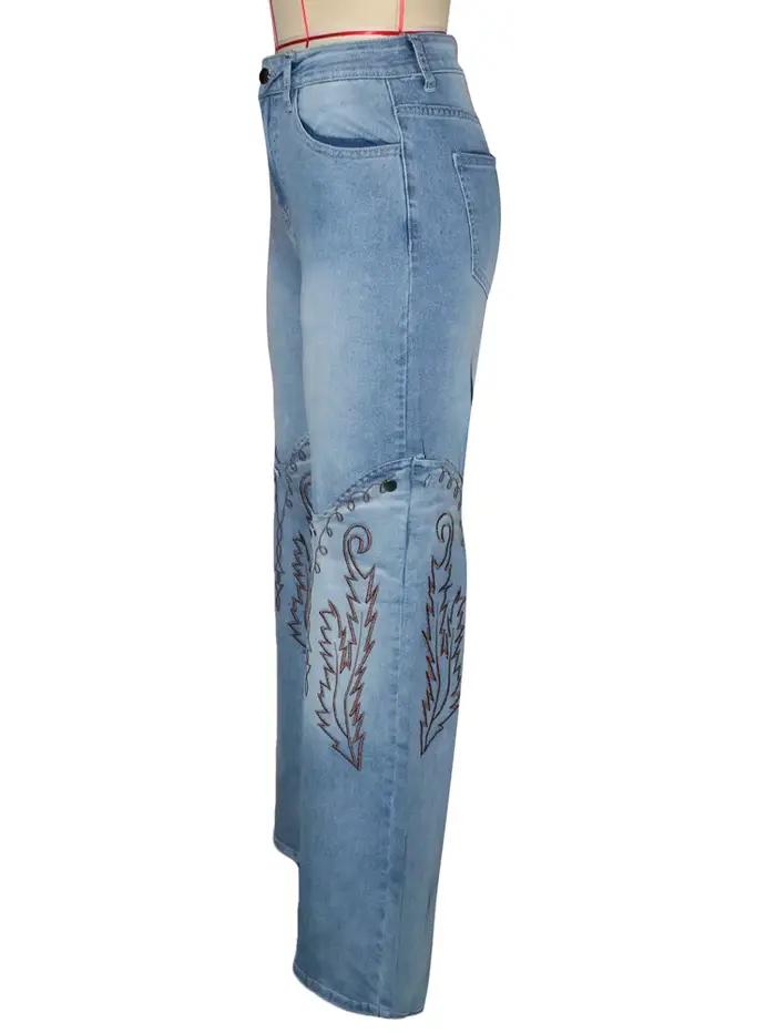 2025 été mode femme Vintage broderie Denim pantalon décontracté taille haute jambe droite Jean femmes rue vêtements