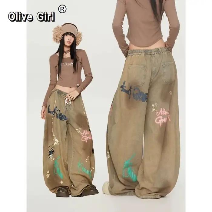 Olivegirl Hiphop Denim jean américain rétro haute rue danse pantalon Graffiti Vintage